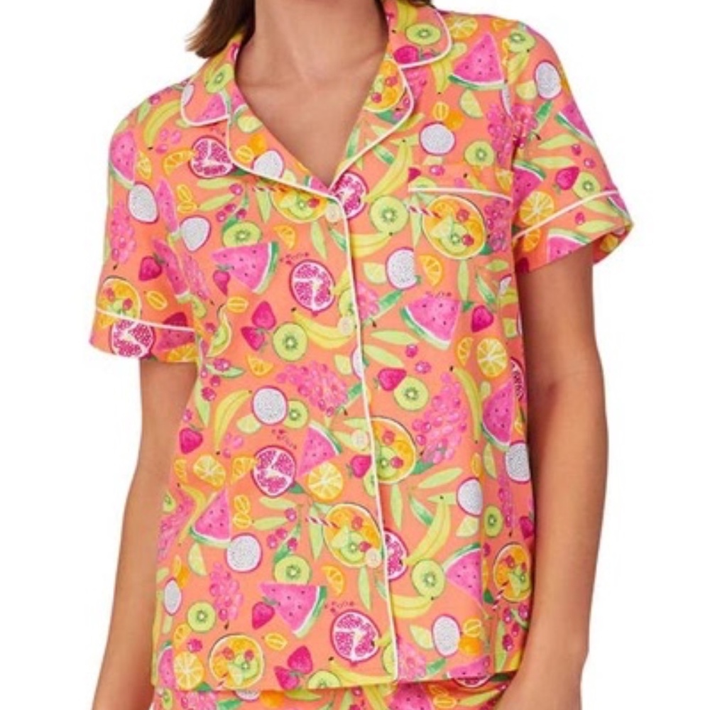 Bed Head Colorful Fruit Print L Button Front Short Sleeve Pajama Top V-Neck